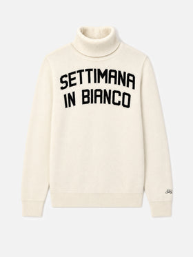 White turtleneck sweater with Settimana in Bianco jacquard