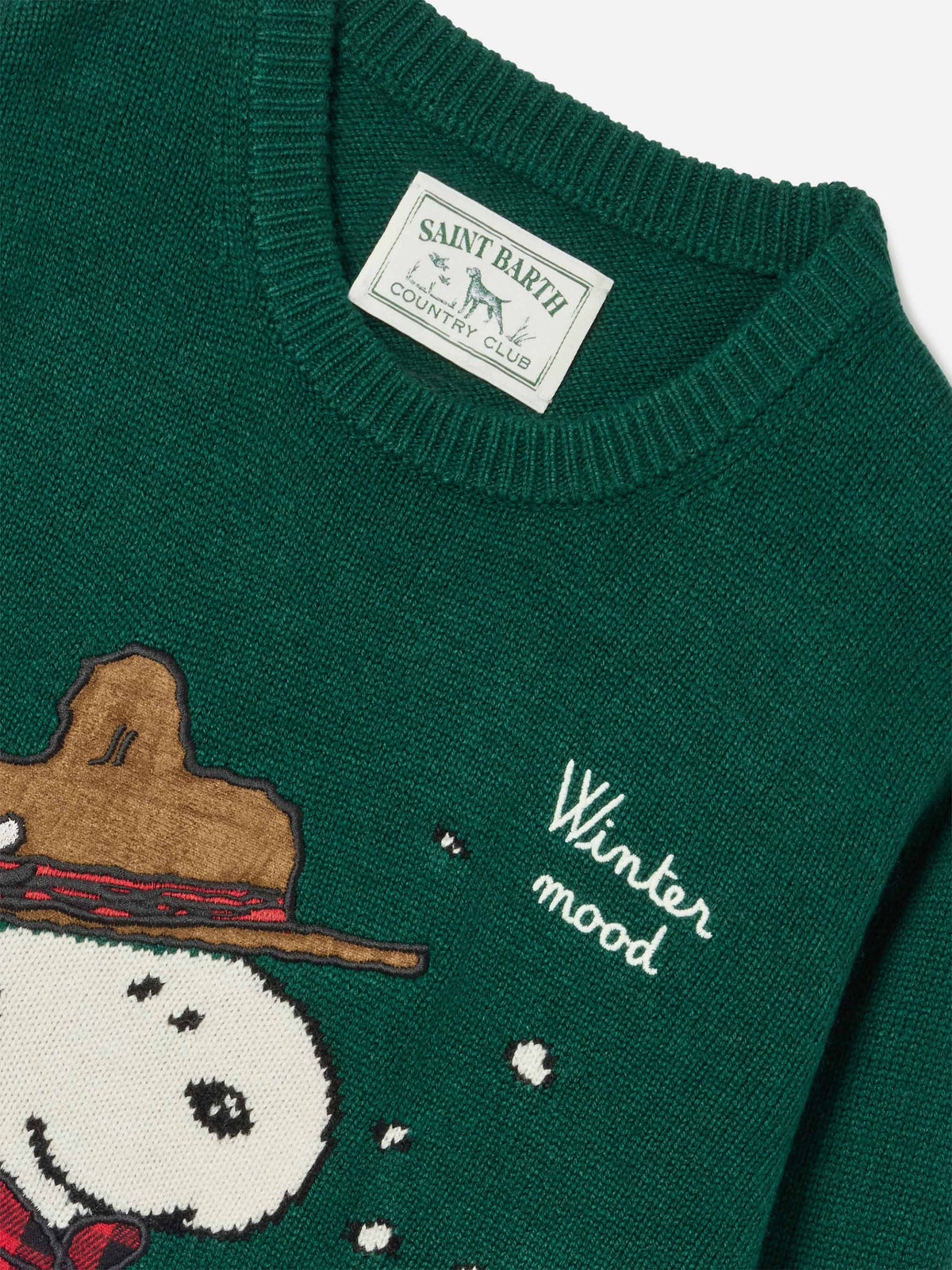 Green Douglas crewneck knit with Snoopy patch and Winter Mood embroidery | Special edition