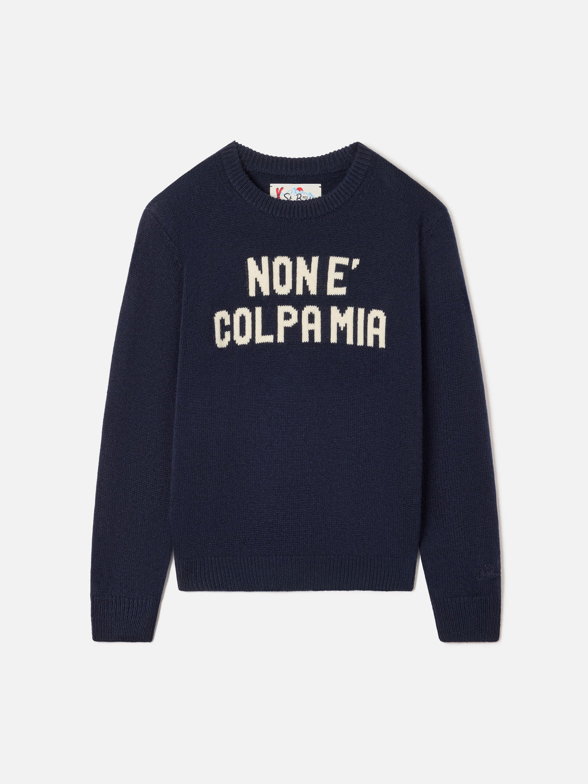 Navy blue Douglas crewneck knit with Non E Colpa Mia intarsia