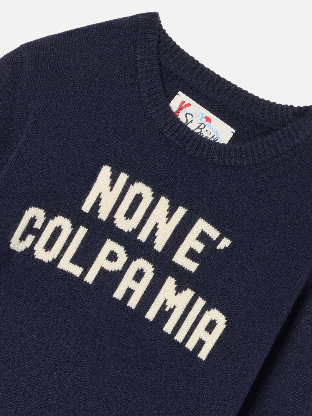 Navy blue Douglas crewneck knit with Non E Colpa Mia intarsia