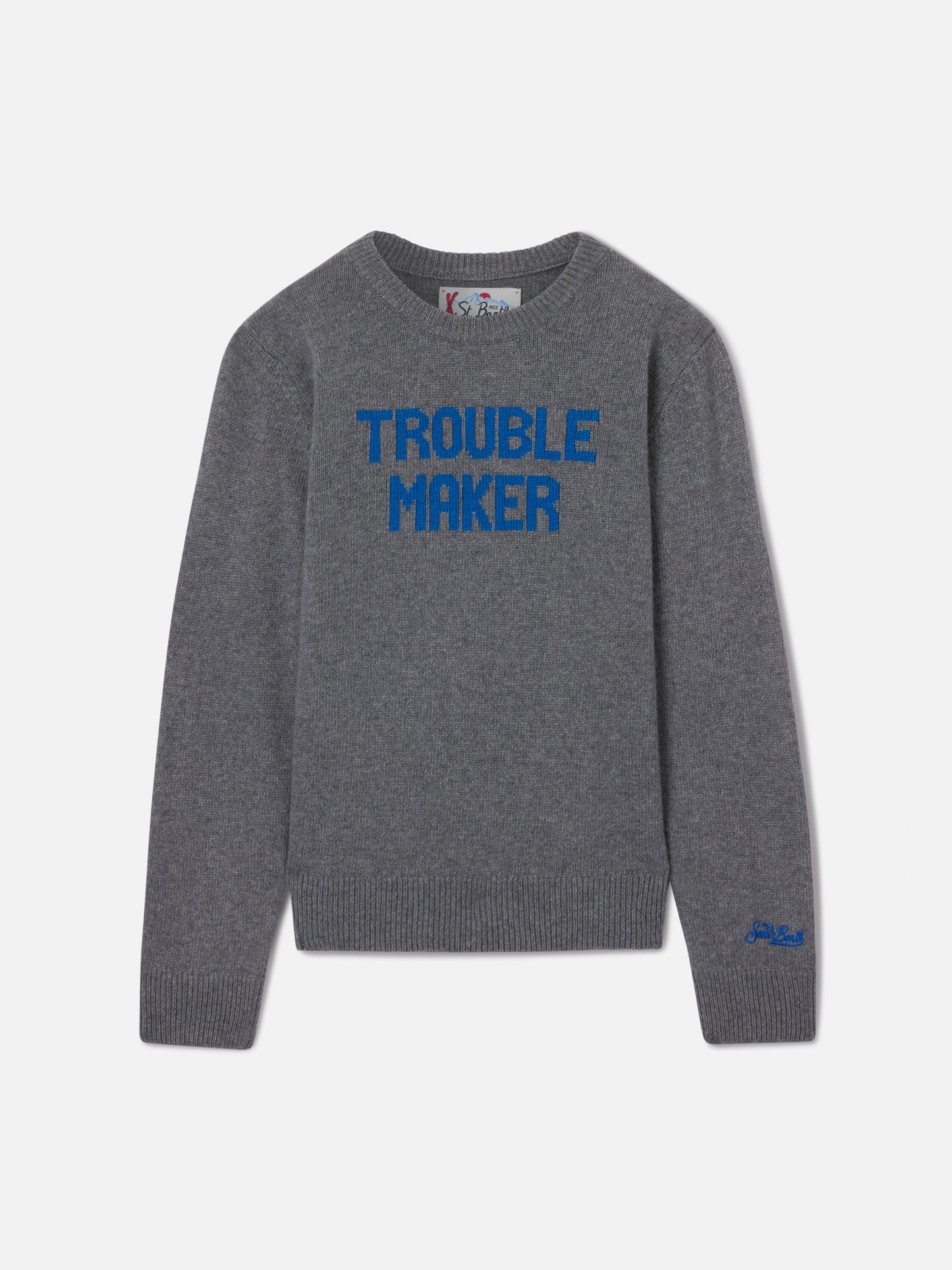 Douglas crewneck knitwear in grey with Trouble Maker lettering