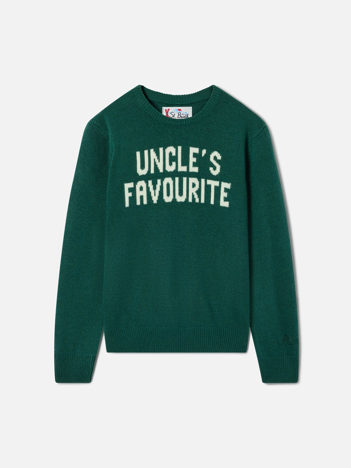 Green Douglas crewneck knit with Uncle's Favourite intarsia