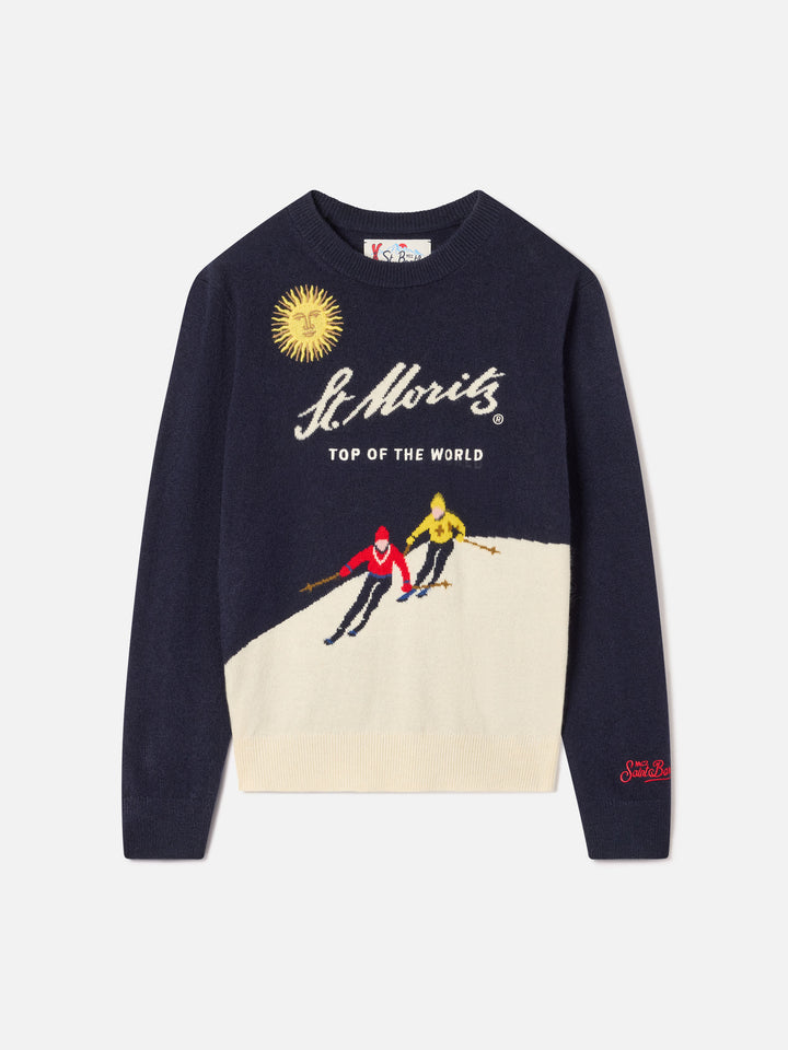 Maglia girocollo Douglas blu navy con intarsio e ricamo St. Moritz | Special edition