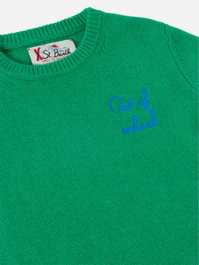 Green crewneck Douglas with Out of School embroidery