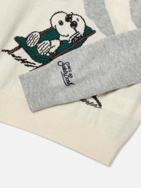 Pull en maille à col rond gris Douglas avec intarsia Snoopy | Special edition 