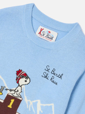 Leichter blue Douglas Rundhals-Strickpullover mit Snoopy-Intarsie und Stickerei | Special edition 