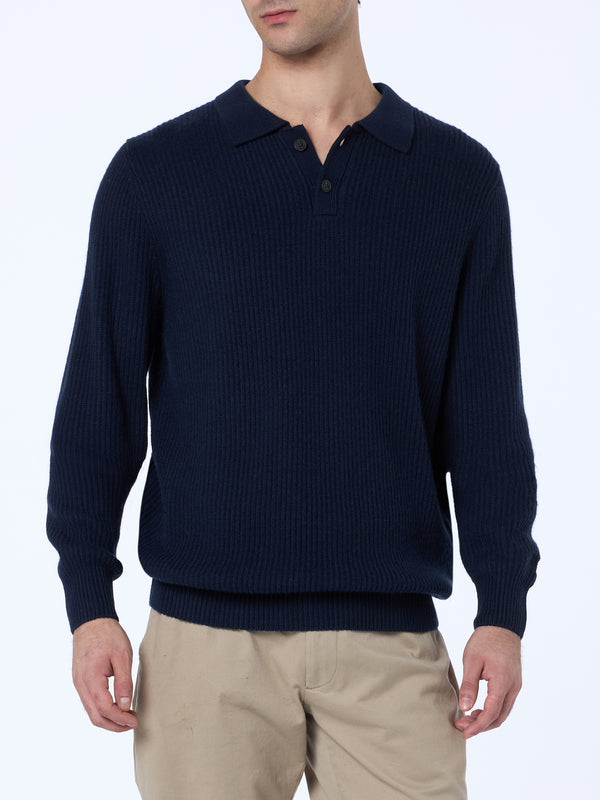 Marineblauer Rippenpullover Downing aus Kaschmirmischung für Herren mit Polokragen