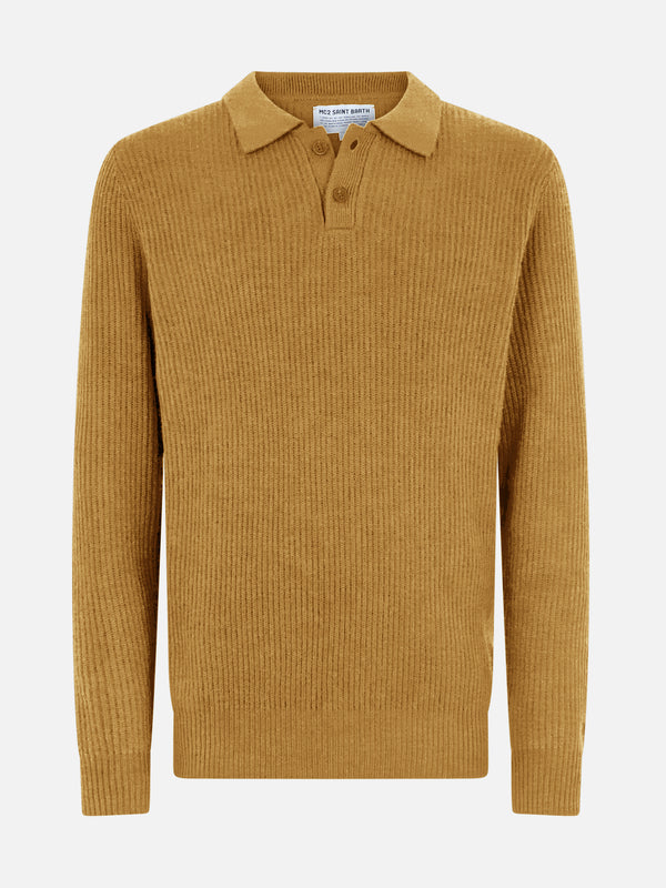 Man ochre cashmere blend ribbed sweater Downing with buttoned collar