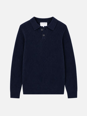 Pull bleu marine côtelé Downing en BLENDED CASHMERE avec col boutonné 