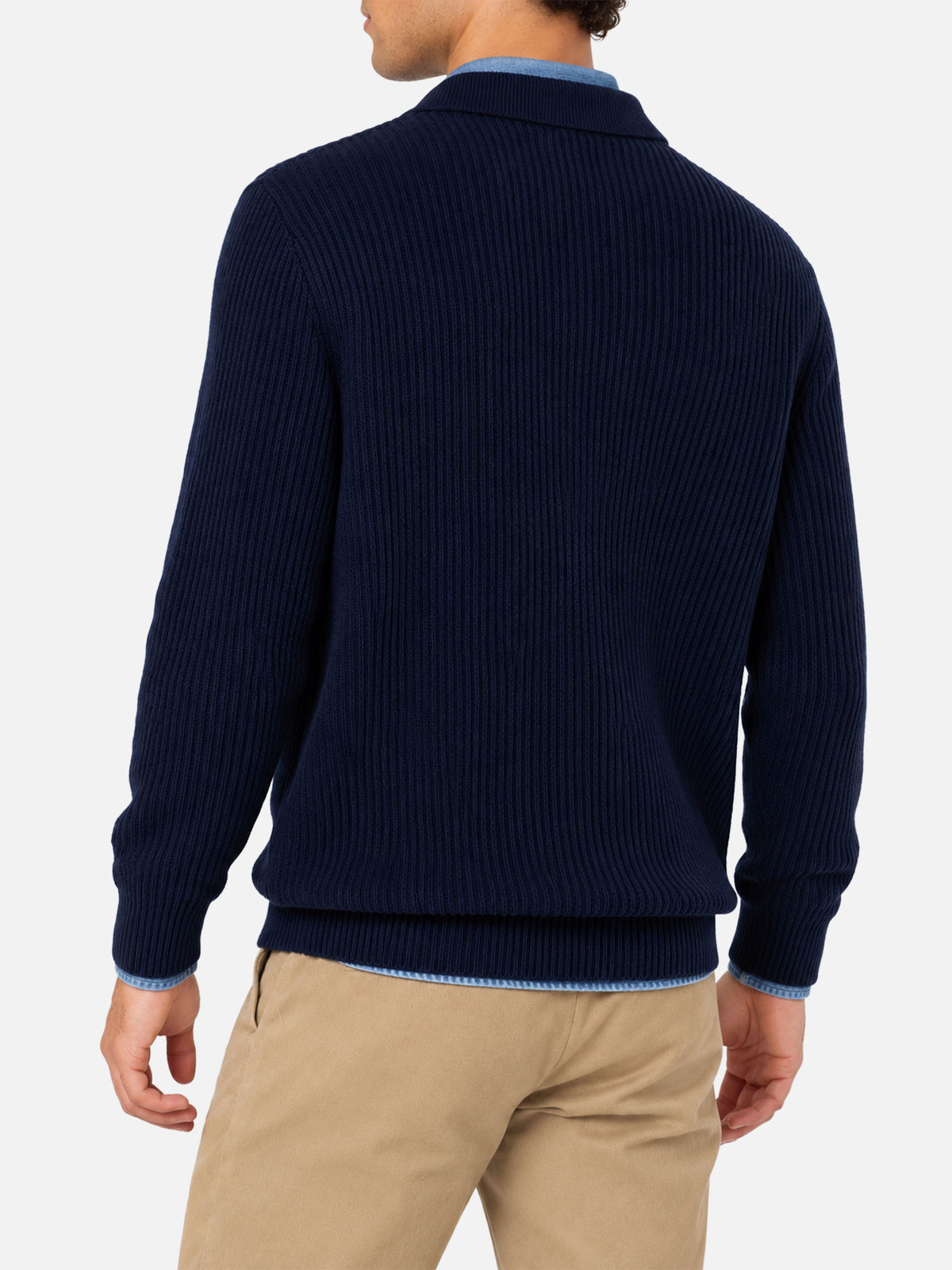 Pull bleu marine côtelé Downing en BLENDED CASHMERE avec col boutonné 