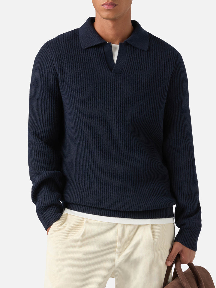 Polo en maille côtelée en laine Navy blue Downing 