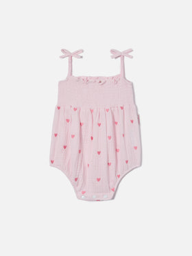 Dudu short romper in pure cotton with embroidered hearts