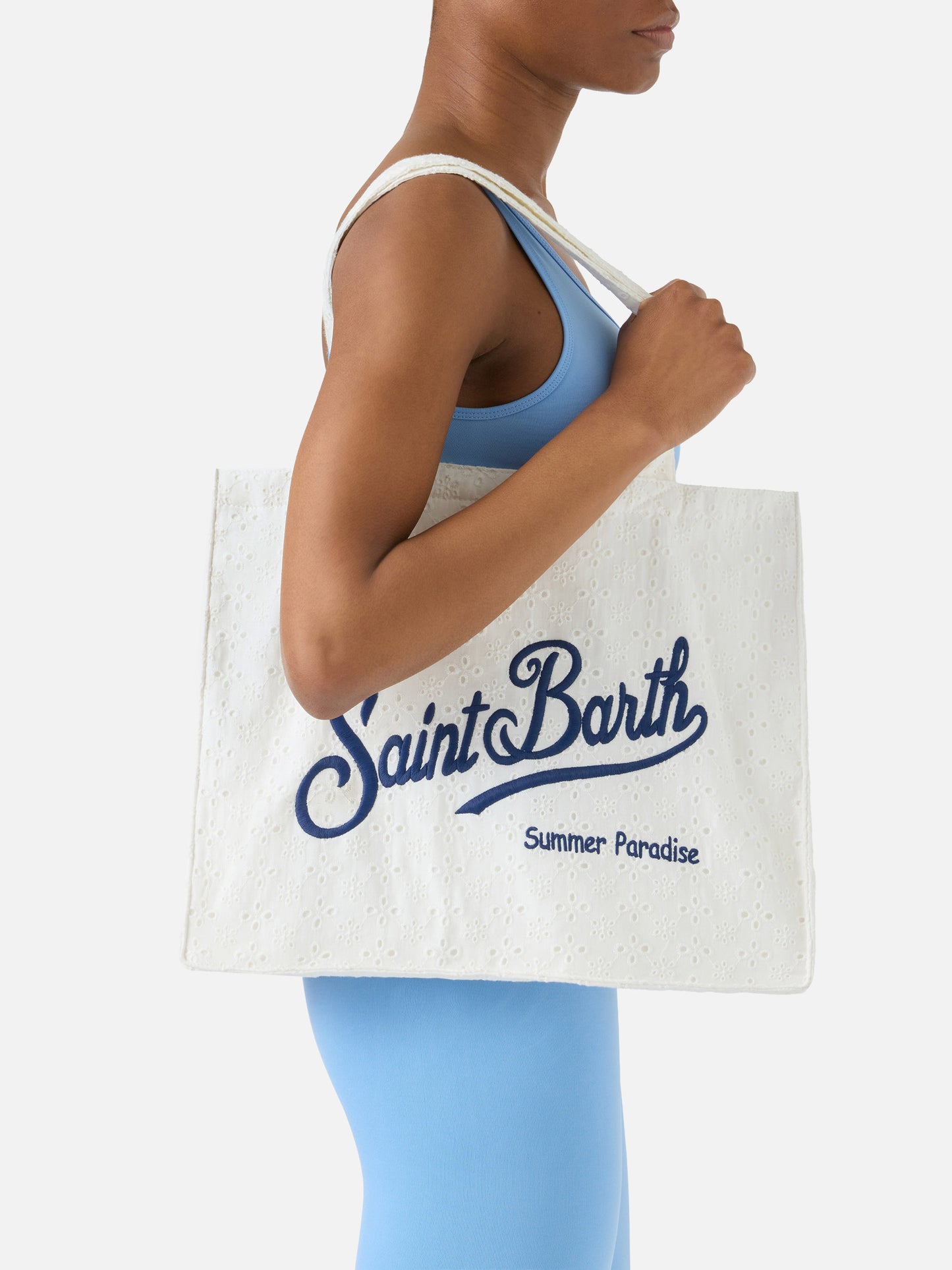 Bolso tote esencial de algodón blanco broderie anglaise con logo en contraste 