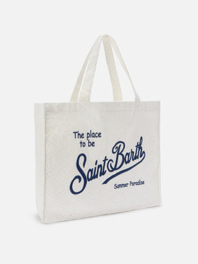 Essential white broderie anglaise cotton tote bag with contrasting logo