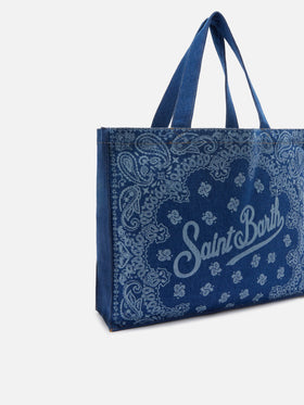 Essential denim tote bag with bandana print and contrasting logo