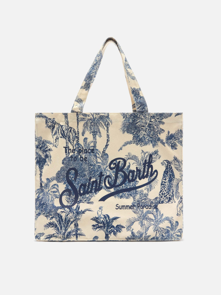 Borsa Essential in canvas con stampa toile de jouy blu e logo stampato