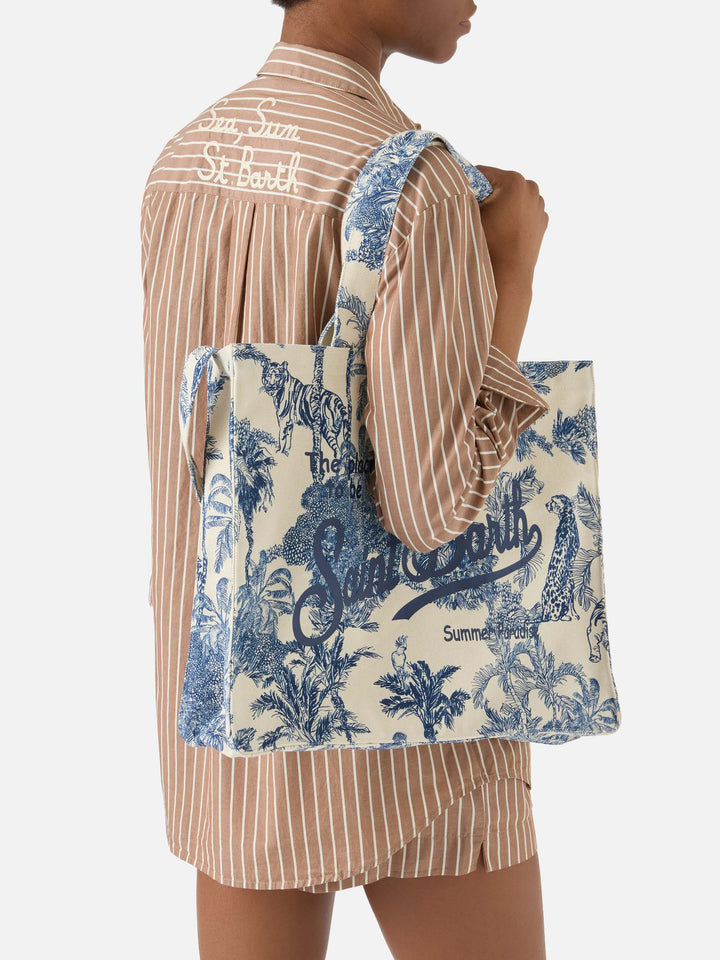 Borsa Essential in canvas con stampa toile de jouy blu e logo stampato