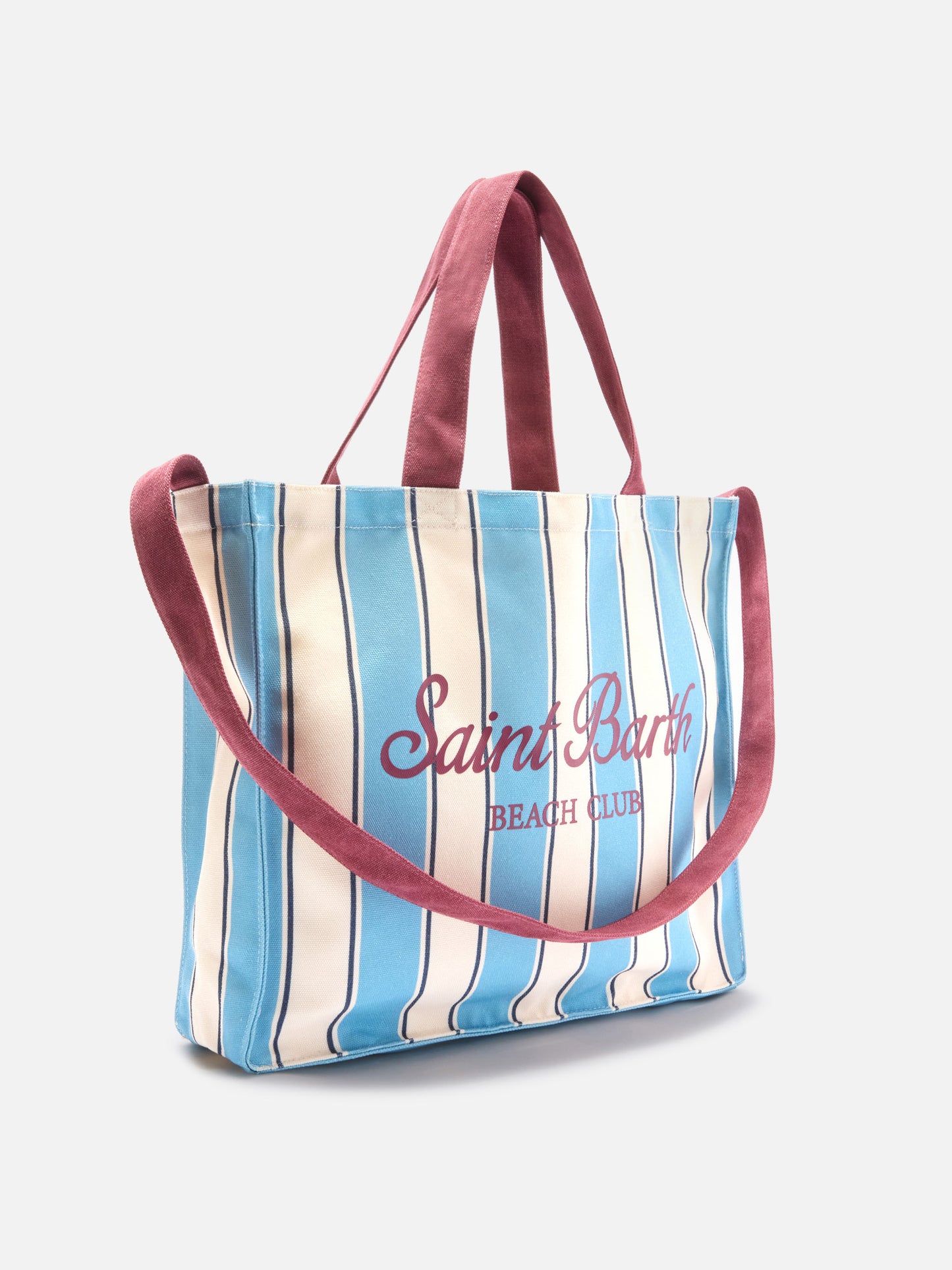 Essential canvas tote bag with light blue and white stripes and contrasting logo