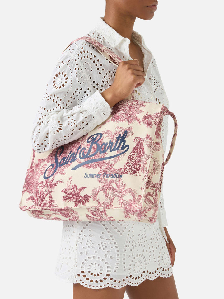 Borsa Essential in canvas con stampa toile de jouy bordeaux e logo stampato