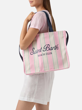 Borsa Essential in canvas a righe rosa, verde e bianco con logo a contrasto