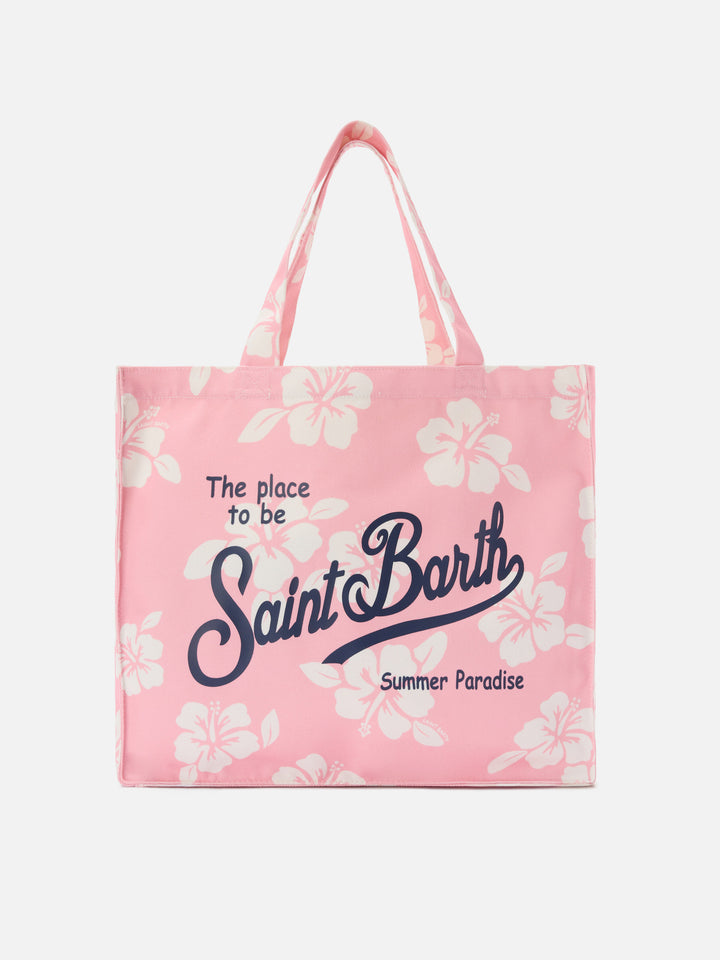 Borsa Essential in canvas con stampa hibiscus rosa e logo a contrasto