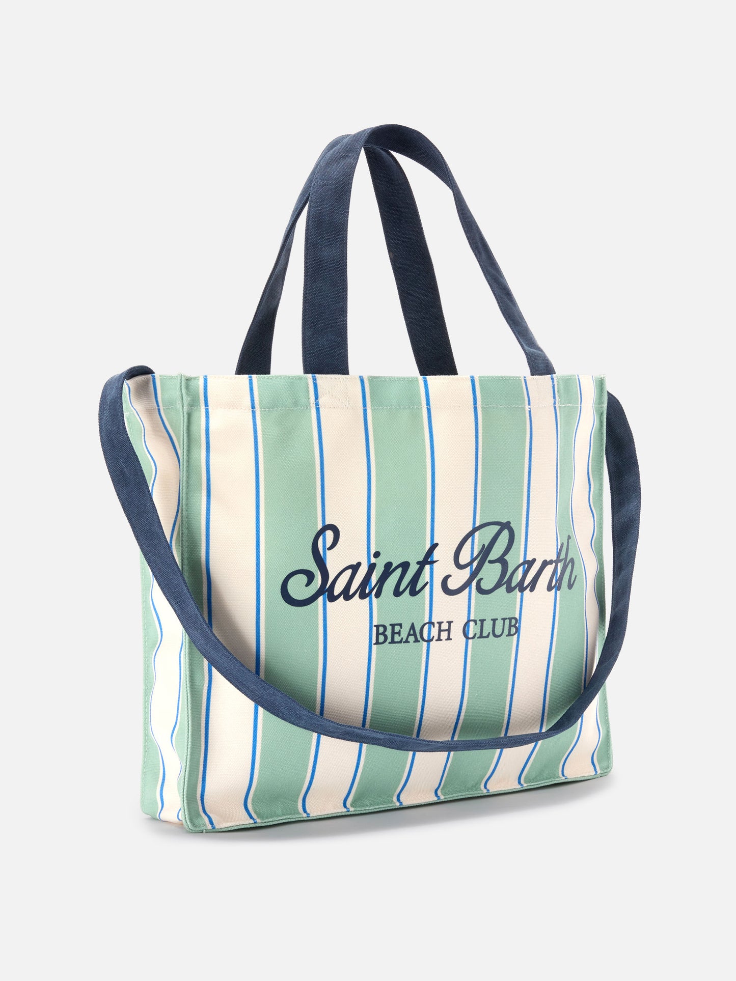 Borsa Essential in canvas a righe verdi, azzurre e bianche con logo a contrasto