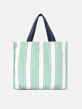 Borsa Essential in canvas a righe verdi, azzurre e bianche con logo a contrasto