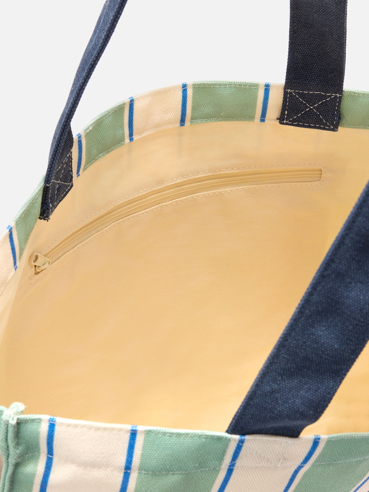 Borsa Essential in canvas a righe verdi, azzurre e bianche con logo a contrasto