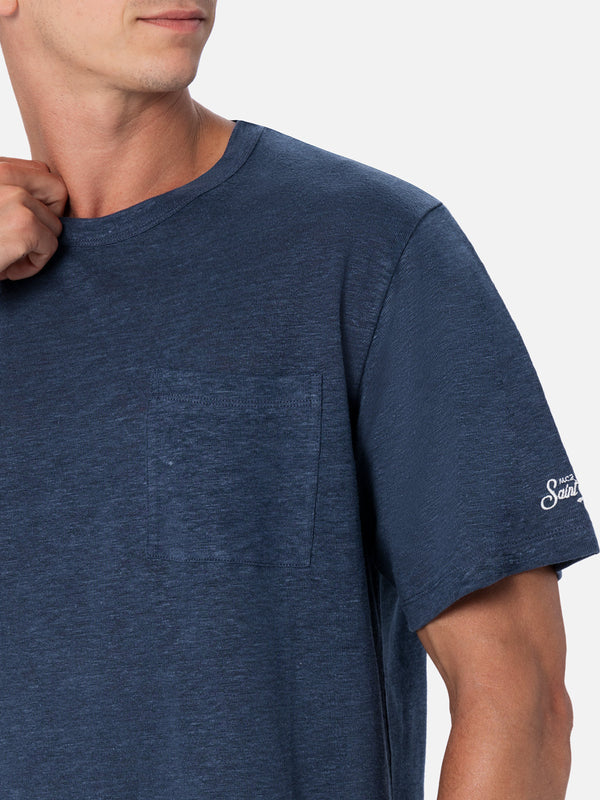 Man navy blue linen jersey t-shirt Ecstasea with pocket