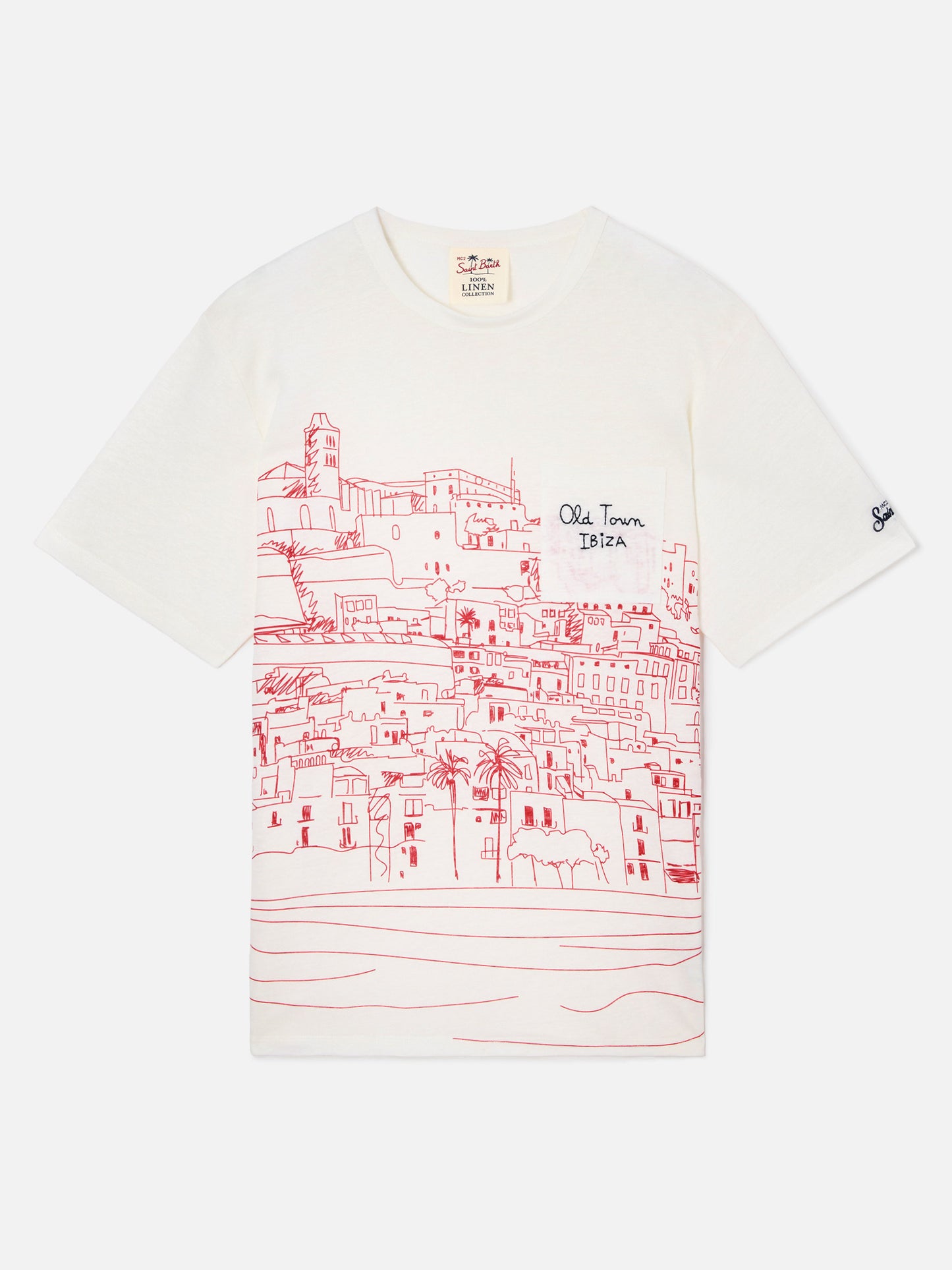 Herren-T-Shirt aus Leinenjersey Ecstasea mit platziertem „Ibiza“-Aufdruck und gestickter Tasche