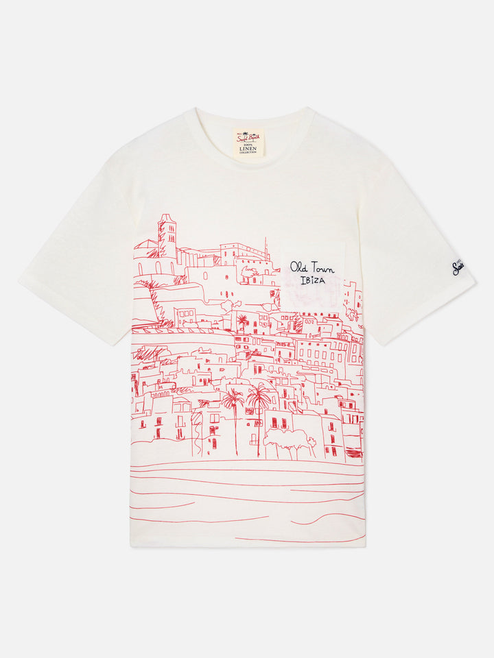 Herren-T-Shirt aus Leinenjersey Ecstasea mit platziertem „Ibiza“-Aufdruck und gestickter Tasche