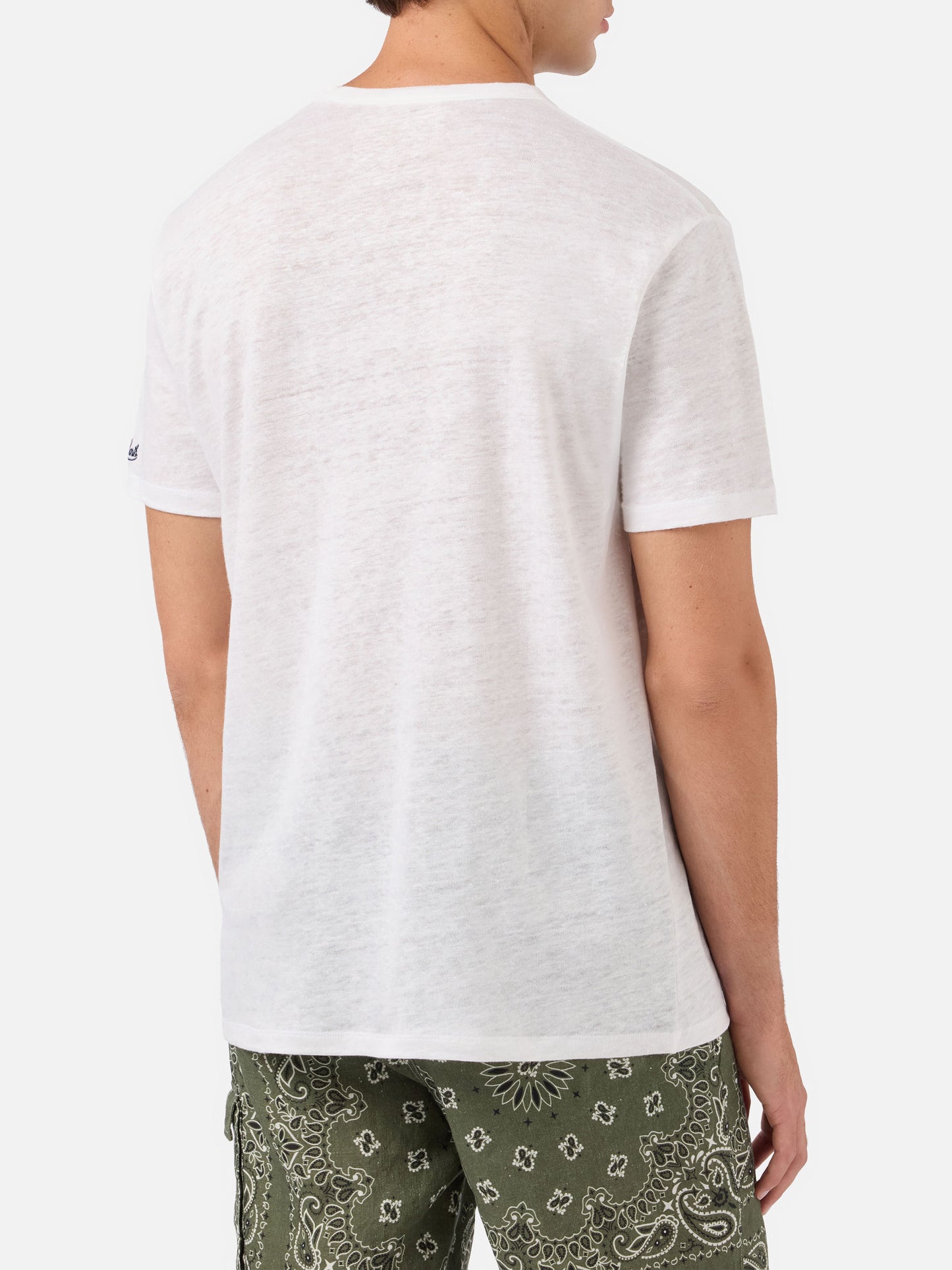 Herren-T-Shirt Ecstasea aus cremefarbenem Leinenjersey mit Tasche