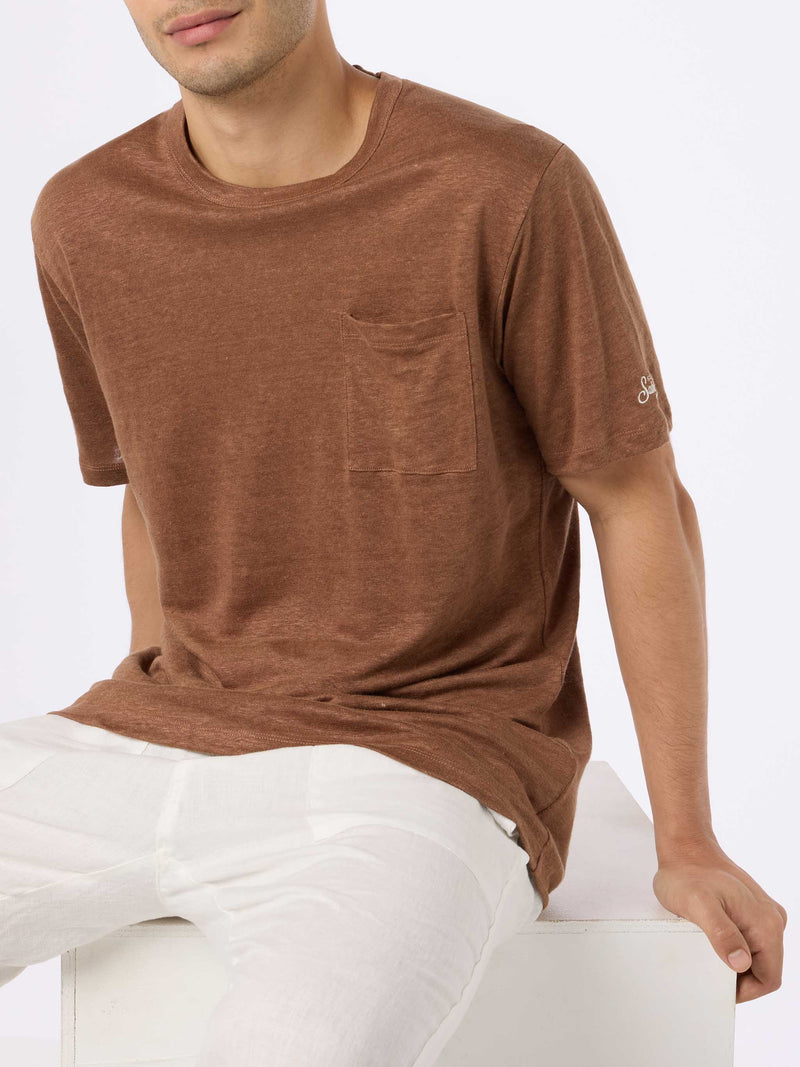 Man brown linen jersey t-shirt Ecstasea with pocket