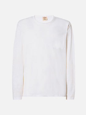 Weißes Herren-T-Shirt aus Leinenjersey mit Ecstasea-Motiv und Tasche