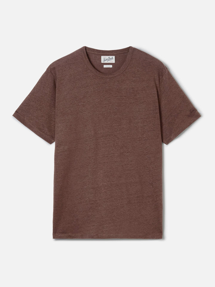 Brown Ecstasea pure linen t-shirt with logo embroidery