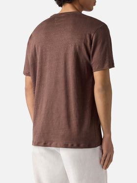 Brown Ecstasea pure linen t-shirt with logo embroidery