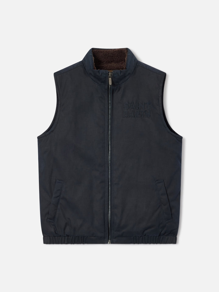 Gilet Edgar blu navy in tessuto cerato con collo in velluto a coste