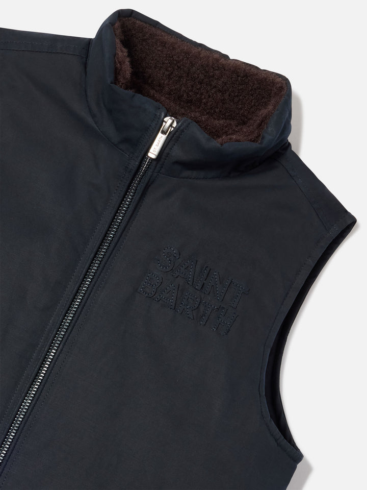 Gilet Edgar blu navy in tessuto cerato con collo in velluto a coste