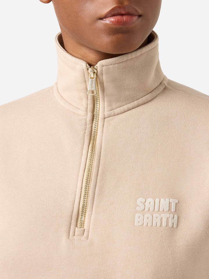 Sweat-shirt en coton beige Eliade à demi-zip avec logo floqué 