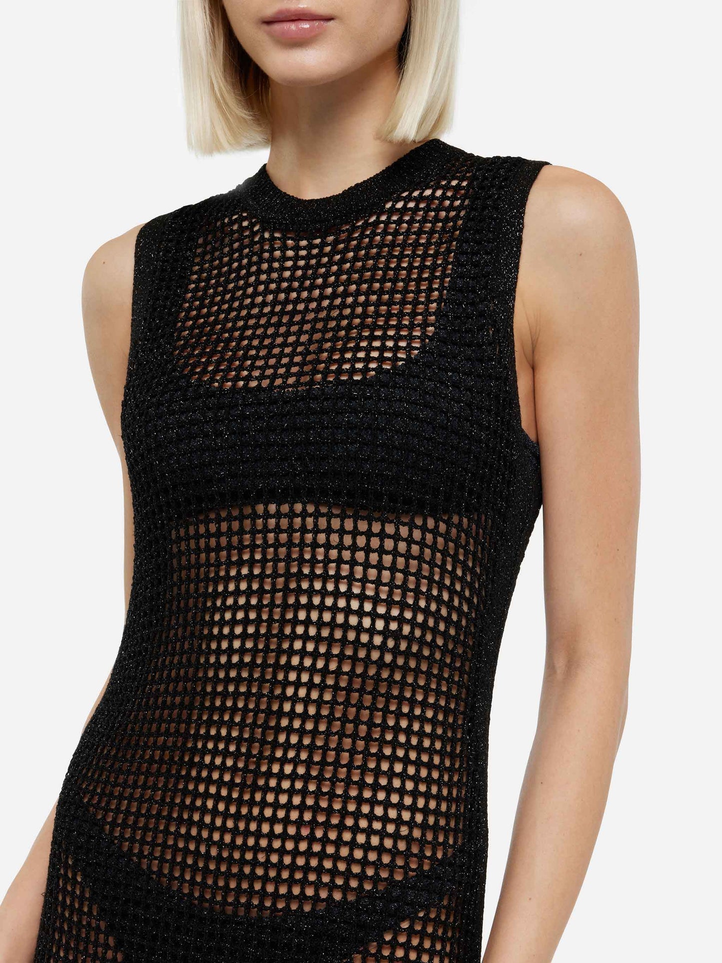 Eileen langes schwarzes Häkelkleid aus Lurex-Netzstoff