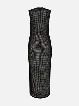 Eileen langes schwarzes Häkelkleid aus Lurex-Netzstoff