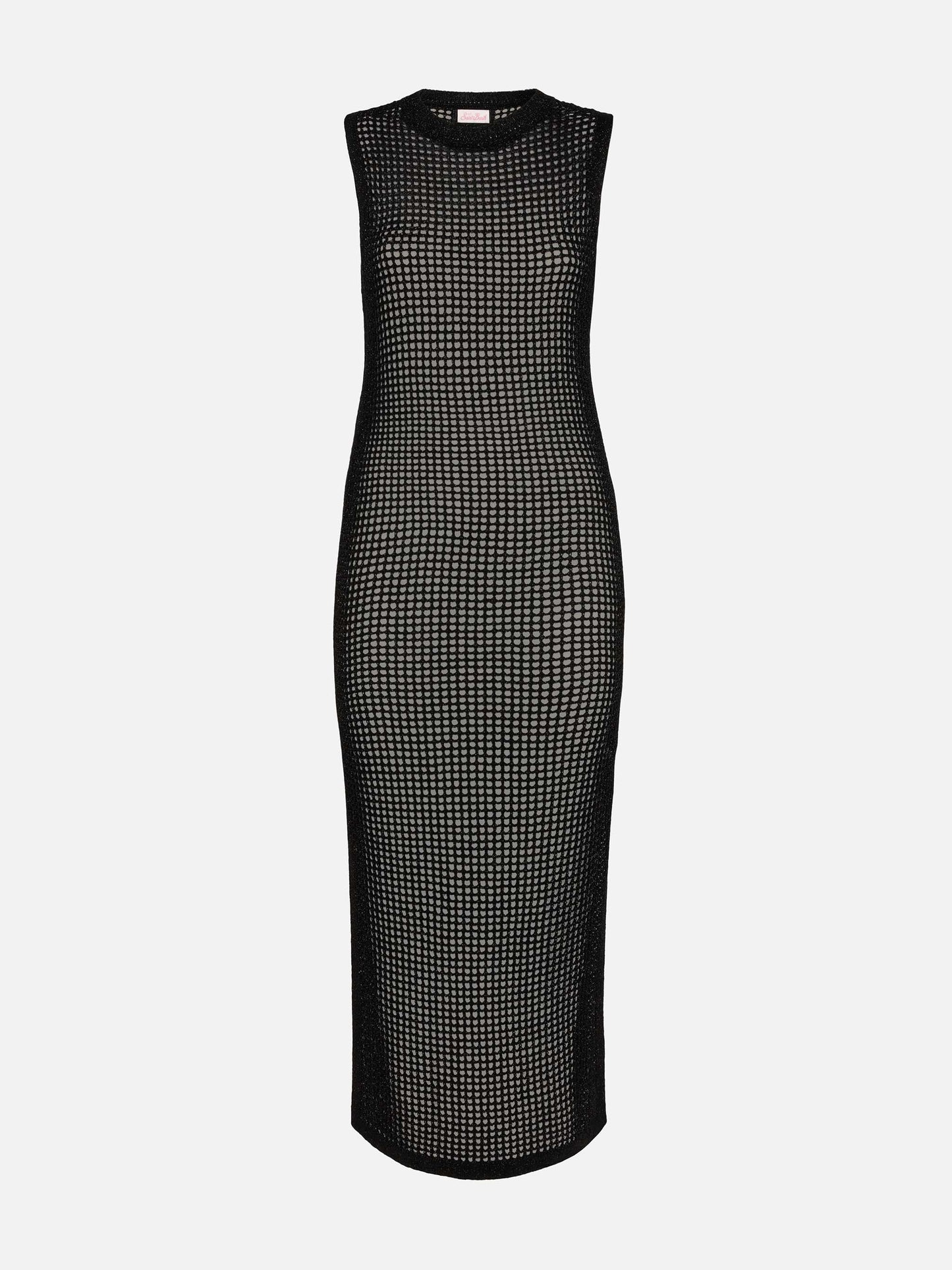 Eileen langes schwarzes Häkelkleid aus Lurex-Netzstoff