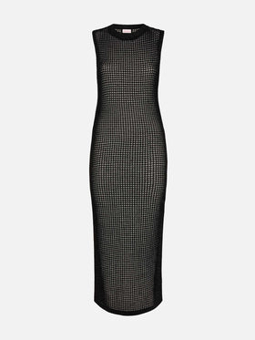 Eileen langes schwarzes Häkelkleid aus Lurex-Netzstoff