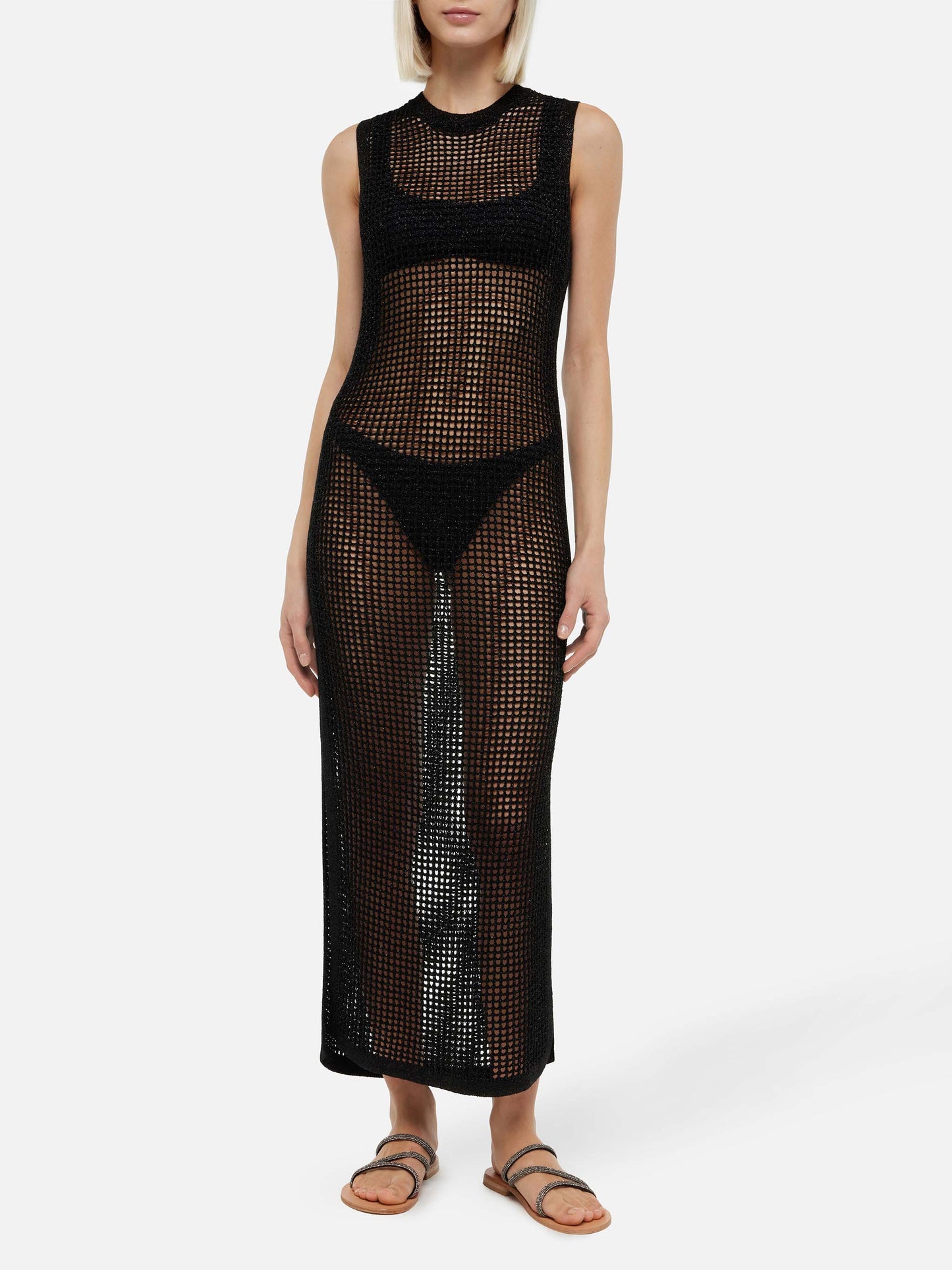 Eileen langes schwarzes Häkelkleid aus Lurex-Netzstoff