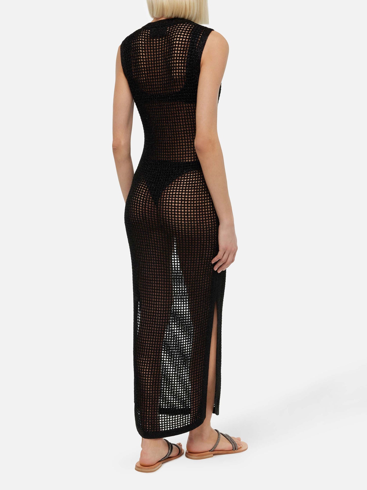 Eileen langes schwarzes Häkelkleid aus Lurex-Netzstoff