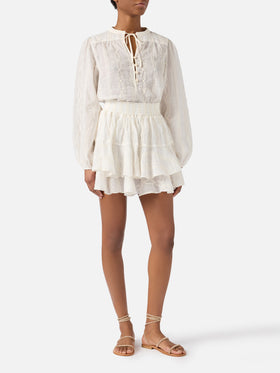 Beige Eivissa short ramie skirt with embroidery