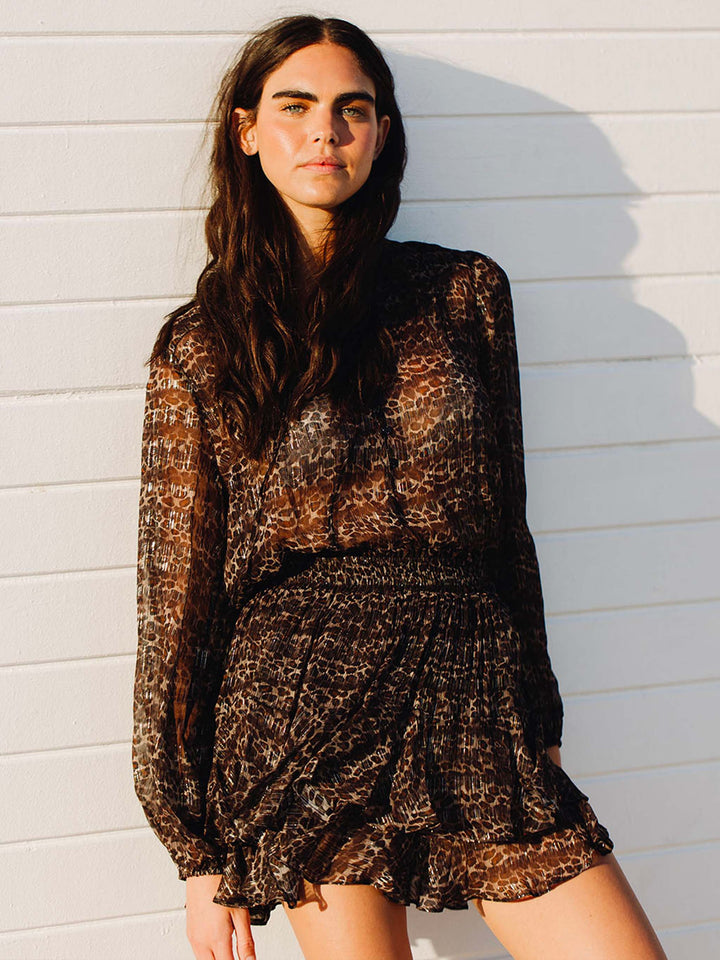 Eivissa ruffled mini skirt in lurex silk voile with animalier print