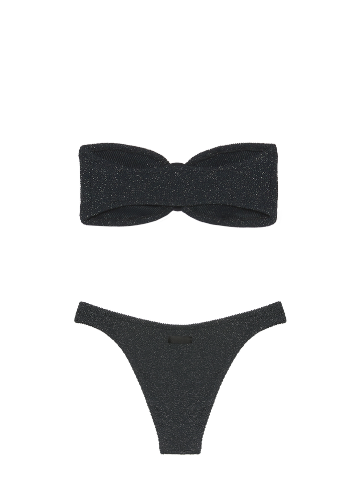 Klassische schwarze Badehose aus Crinkle-Lurex „Elise“ – klassisches schwarzes Bralette-Oberteil aus Crinkle-Lurex „Naima“