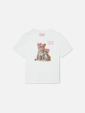 Elly T-shirt in white cotton with leopard print and Tutta la mamma embroidery