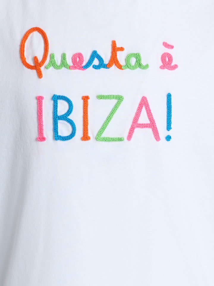 Girl cotton jersey crewneck t-shirt Elly with Questa è Ibiza embroidery